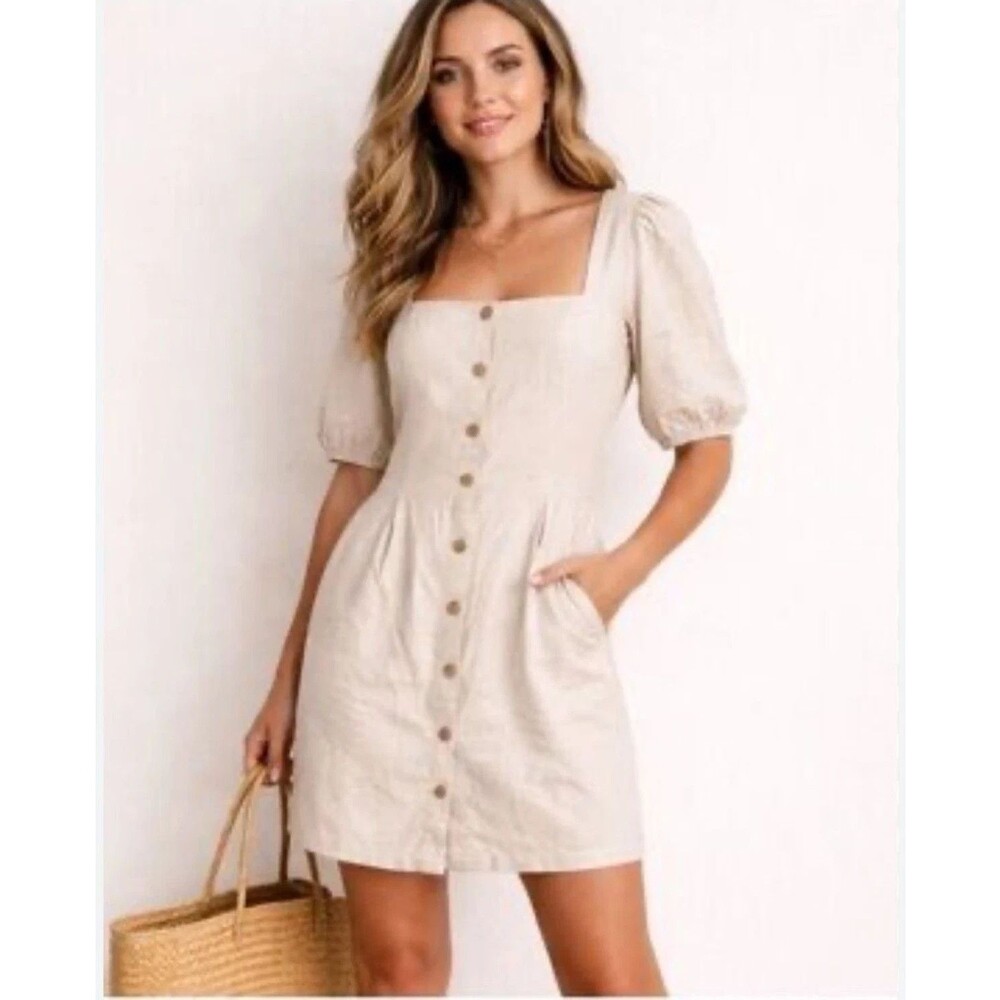 Old Navy Puff-Sleeve Linen-Blend Mini Dress Women’s L Beige NWT